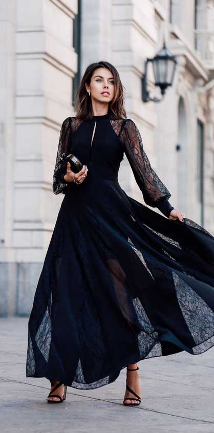 come vestirsi a capodanno 2019 long dress nero pizzo